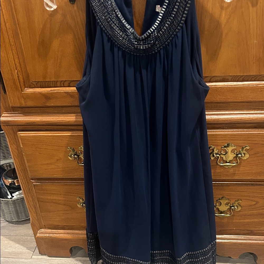 Elegant Navy Sleeveless Dress with Beaded Neckline